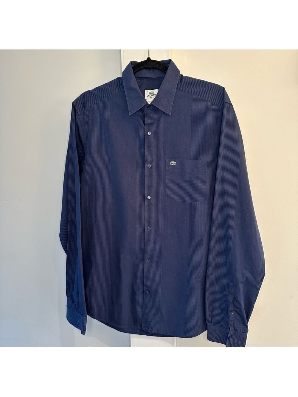 VINTAGE LACOSTE RARE BLUE STRIPED LS SHIRT WITH REMOVABLE COLLAR MENS SZ 41